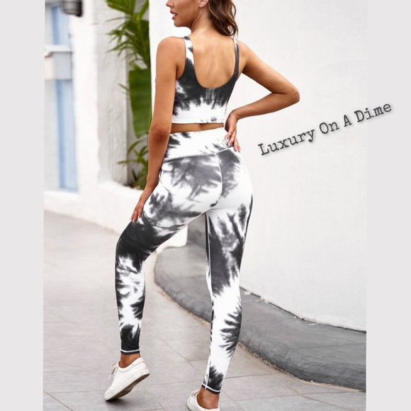 2-Piece Activewear Set Tie-dye Sporty Crop Top & Pant Leggings Matching Outfit - Picture 4 of 12